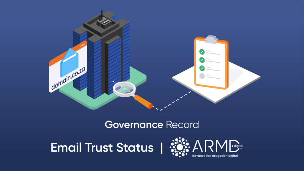 Email Trust Status Governance Record showing a domain email trust assessment by ARMD.digital